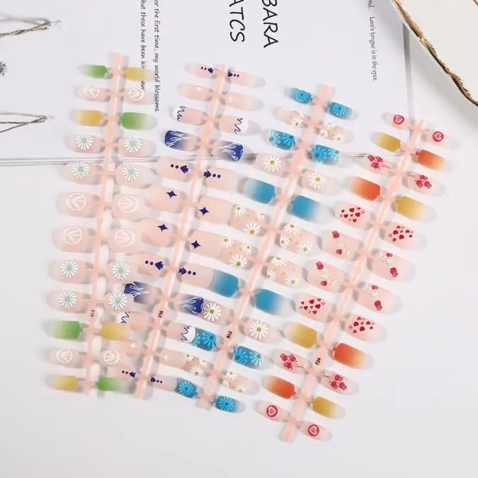 New Customized Designs Short Square 5D Emboss Press On False Nails Full Cover Ins Artificial Fingernail Full Abs Manicure 24pcs