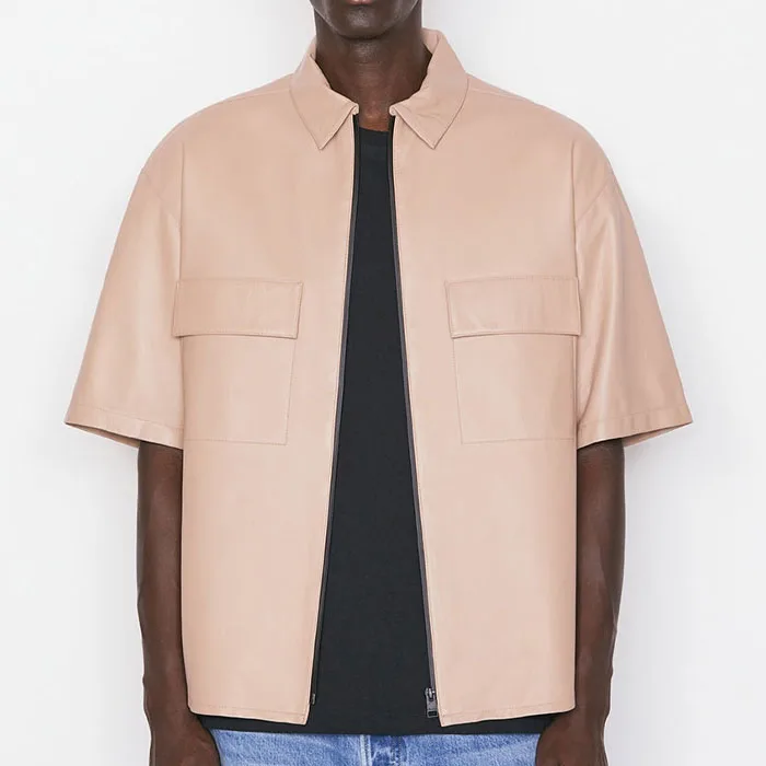 OEM short sleeve drop shoulder double chest pockets zip up plain faux leather shirt hip hop men cowboys plus size workout shirts