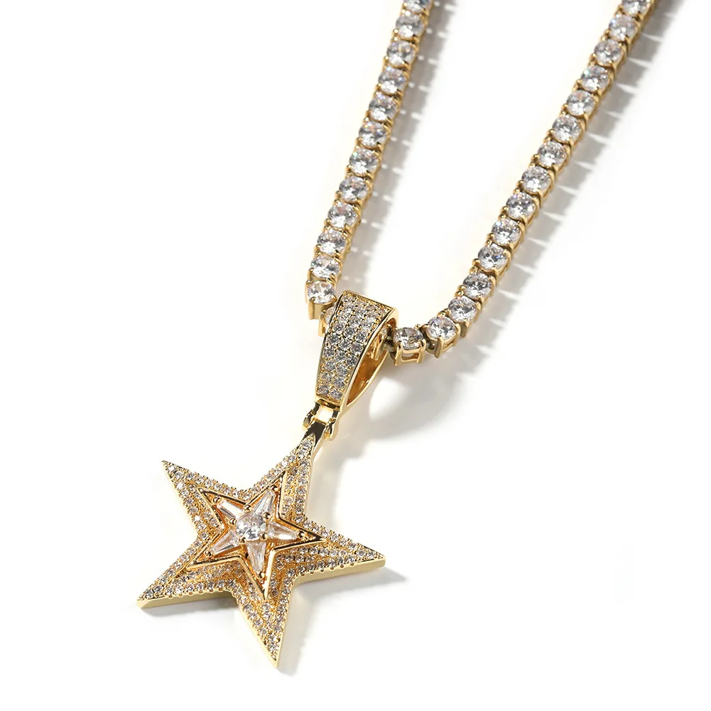 fashionable women men trend street jewelry iced out cz rotating pentagon purple pink diamond star pendant charm