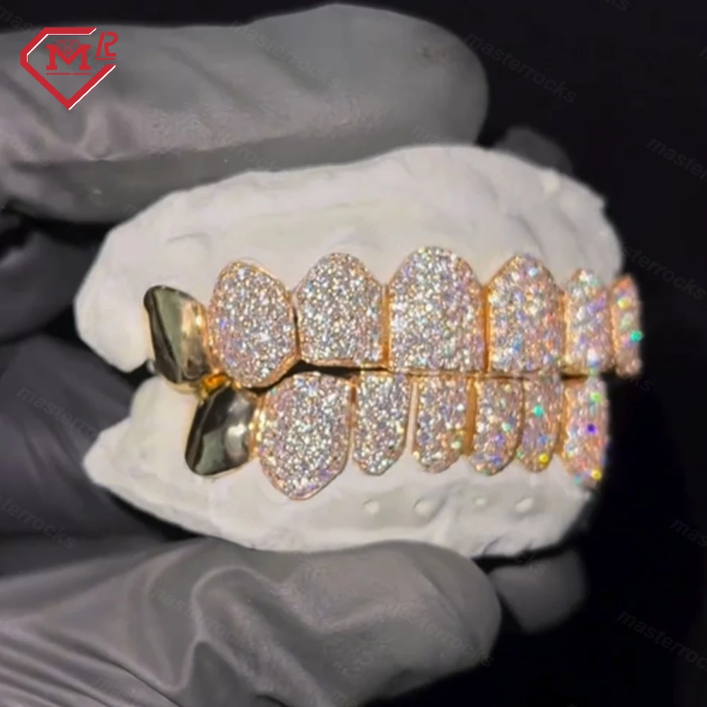 Custom Solid 10k Yellow Gold Grillz Hand Made Iced Out Vvs Moissanite Teeth With Plain Gold Hip Hop Grillz For Men