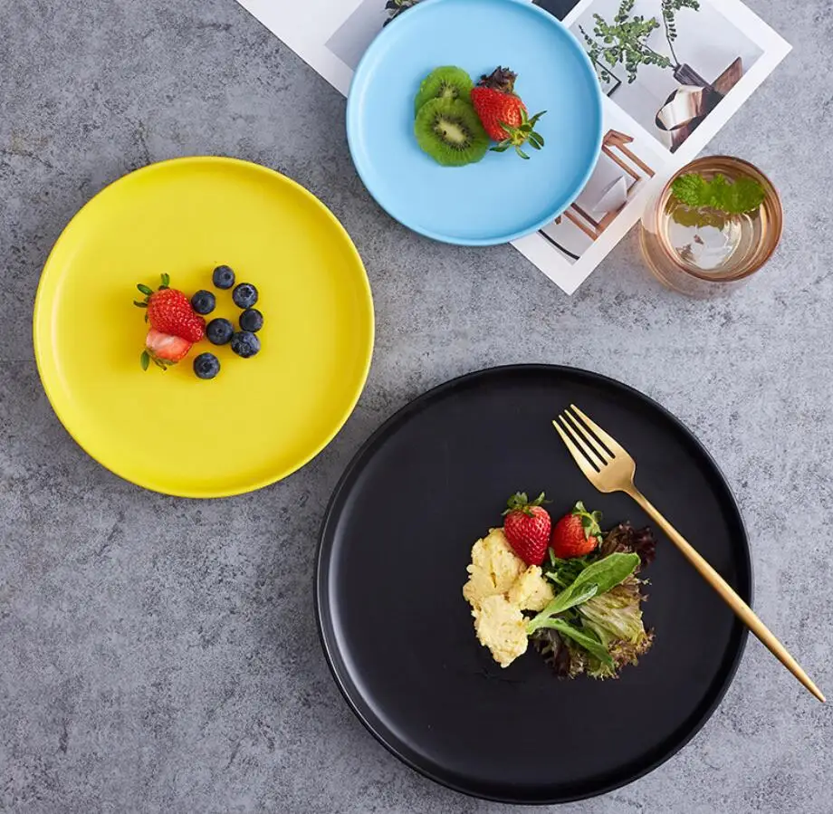 Home Goods Multiple Color Matte Glaze Green Pink Blue Round Steak Dishes Plate Set Dinner Ceramic Plates For Restaurant