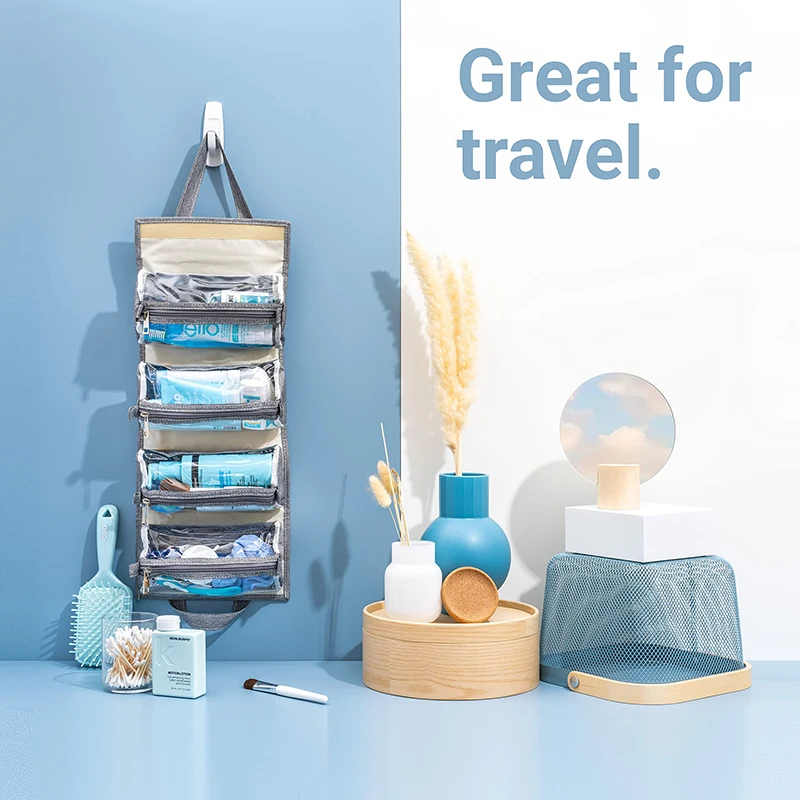Hanging Roll Up Makeup Bag Toiletry Kit Travel Organizer 4 Removable Storage Bags Organize Cosmetics First Aid Personal Care