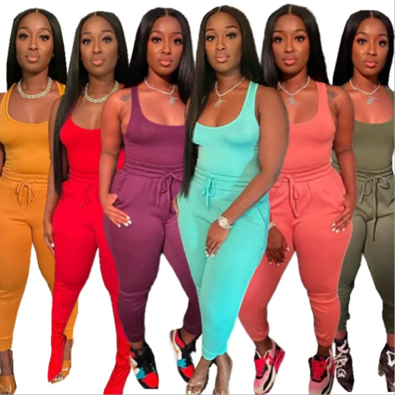 Custom Logo Women Fashion Casual 2pc Suit Sexy Solid Tank Top Long Belt Tie 2 Piece Camisole and Sweatpants Two Piece Set