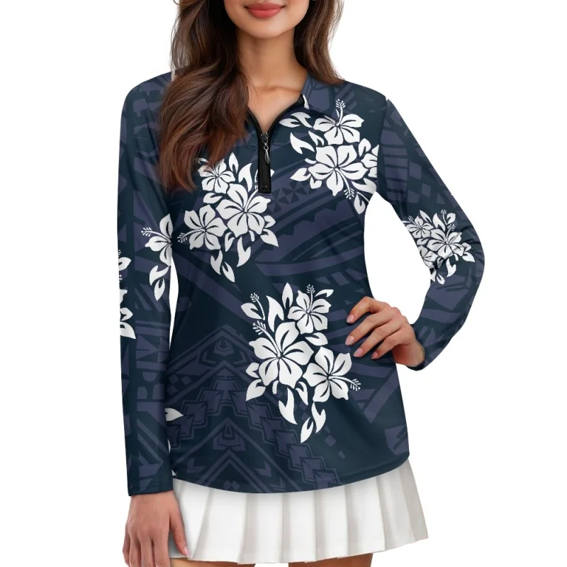 Polynesia Hibiscus Pattern Woman Sports Polo Dropship Print on Demand Zipper Golf Shirt Classic Flexible Collared Shirt for Girl