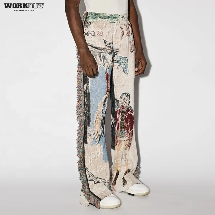 Custom Tassel Oversized Cargo Flare Unisex Stacked Woven Tapestry Pants For Men