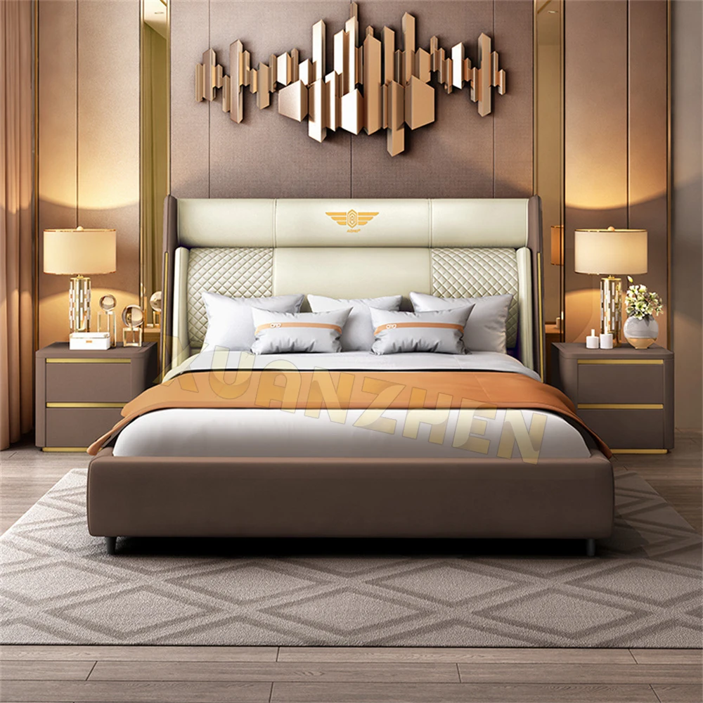 Bedroom furniture king size luxury bed set leather beautiful wooden bed frame hotel golden modern metal beds Y-X11