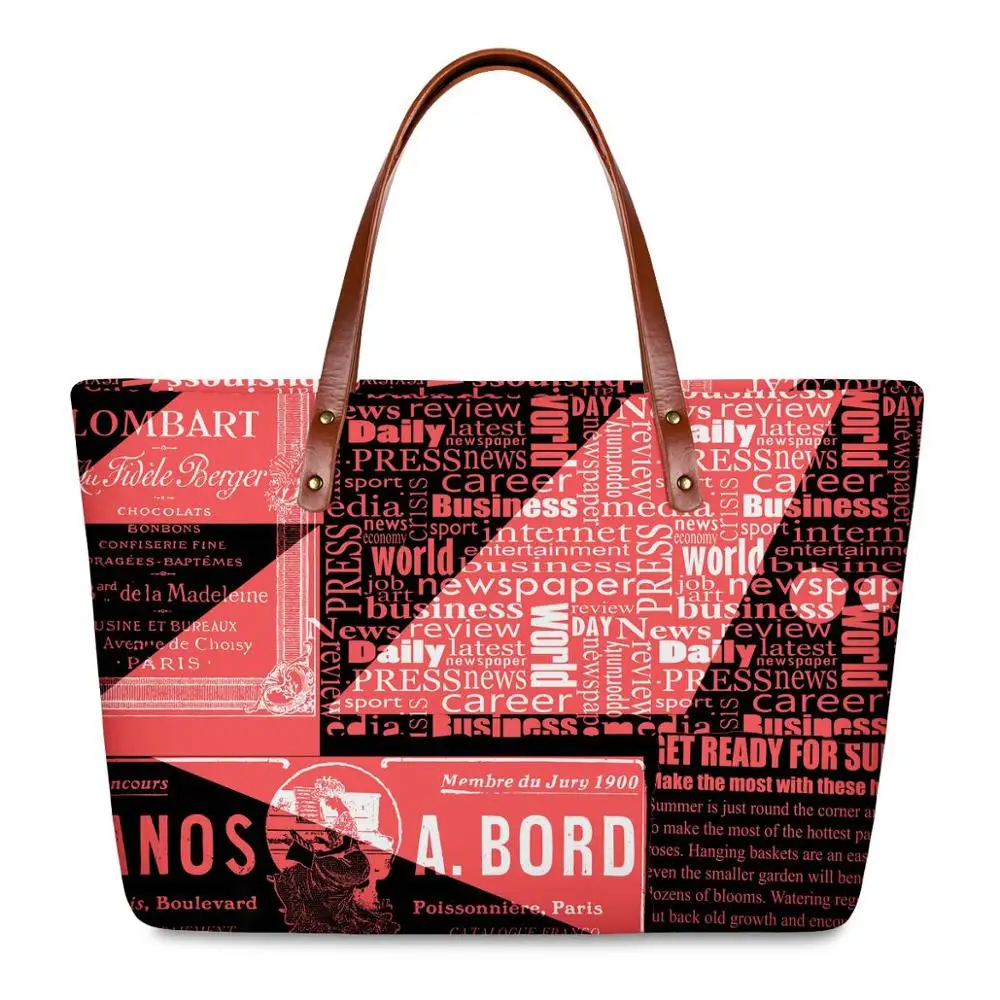 Винтажные газеты и шрифт и цветные блоки и геометрические женские сумки-тоут сумки от китайского производителя