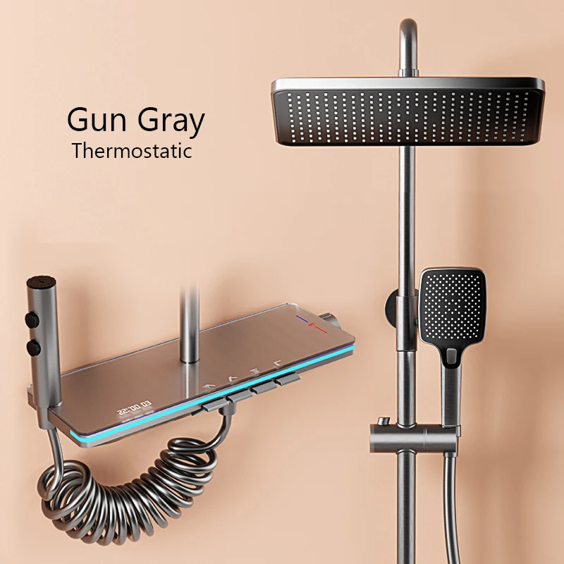 TikTok Trend Copper Exposed Shower Mixer Piano Key 4 Functions LED Digital Atmosphere Ambient Lighting Rainfall Shower Set