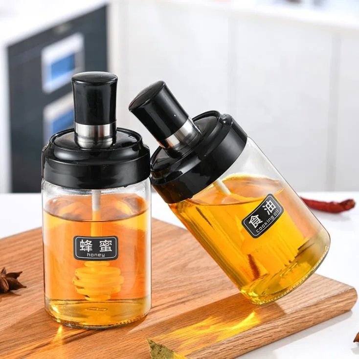 8 OZ Transparent glass seasoning jar with integrated spoon and lid for household use