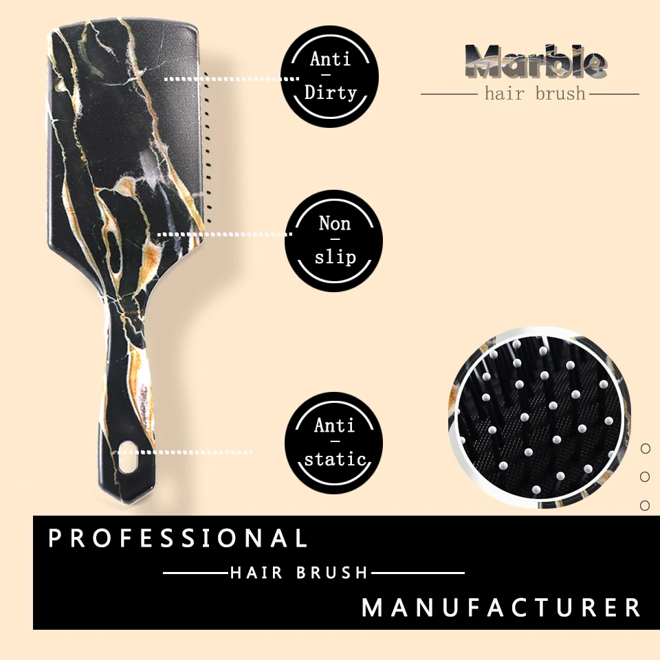 OEM Paddle Gold Marble Texture Hair Brush Hot Selling Square Air Cushion Massage Hair Scalp Brush Cheap Manufacture Customized