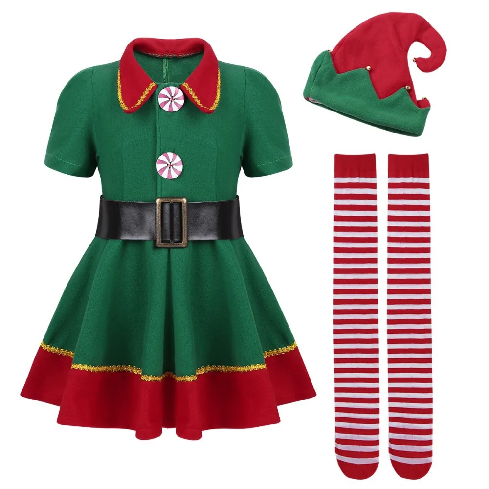 2020 green Elf Girls christmas Costume Festival Santa Clause for Girls New Year chilren clothing Fancy Dress Xmas Party Dress