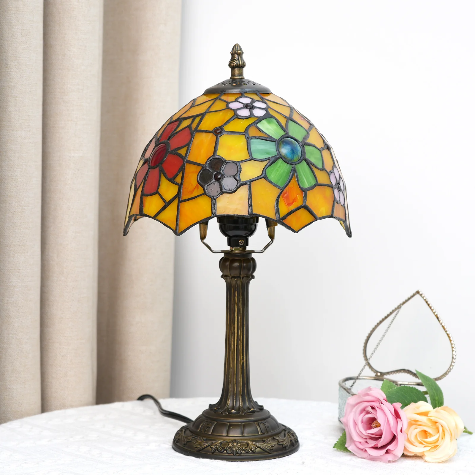 European Tiffany Stained Glass Decor Lamp American Pastoral Cherry Blossom Design Warm LED Lighting Bedroom Bedside Indoor Use