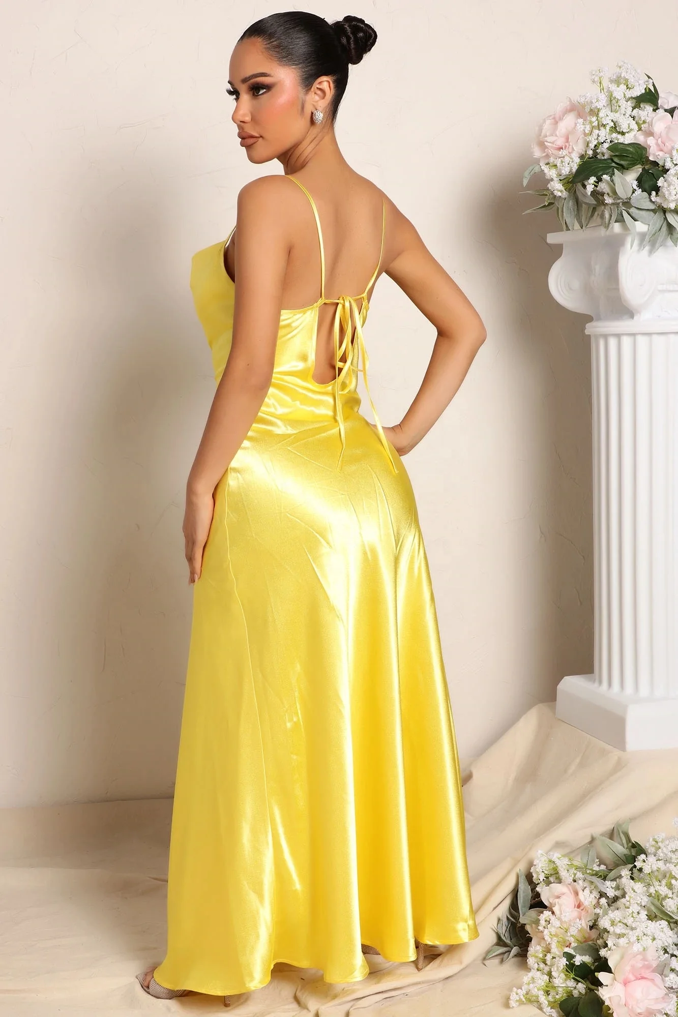 dressing Spaghetti Straps Tie Back Cowl Neck Cut Out High Slit Fully Lined Shine satin bridesmaid dresses Maxi Dress night gown