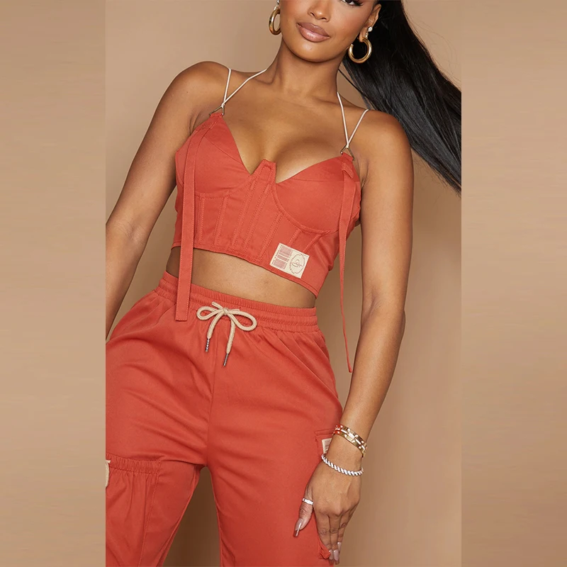 Summer Custom Ropa High Waist Leggings Corset Suits Two Piece Cargo Pants Set Women