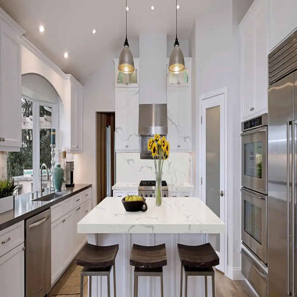 Quartz Stone Slab Kitchen Countertop Black with White Veins