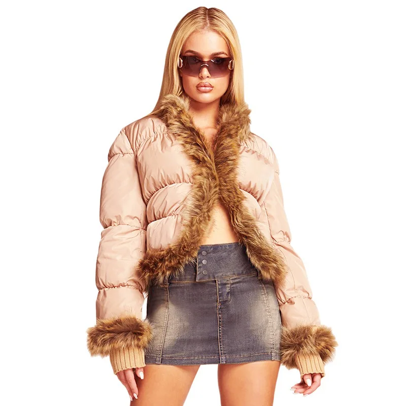 2022 New Winter Faux Fur Down Jacket Patchwork Long Sleeve Bubble Coat Women Thick Warm Faux Fur Collar Coat