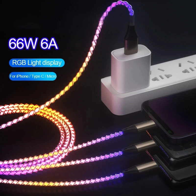 3 in 1 Fast Charging Type C Cable 66W 6A Micro USB RGB Colorful Streamer Glowing Line 8Pin Charger Cable For iPhone For Samsung