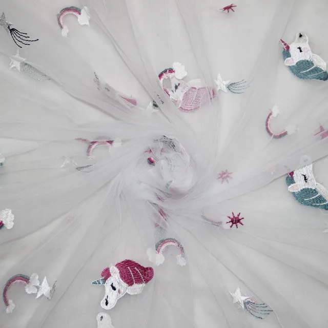 
Kids Cartoon Tulle Mesh Fabric Unicorn Embroidered Lace Tulle For Girl Clothes Dress Pink White by 130cmX1yard 