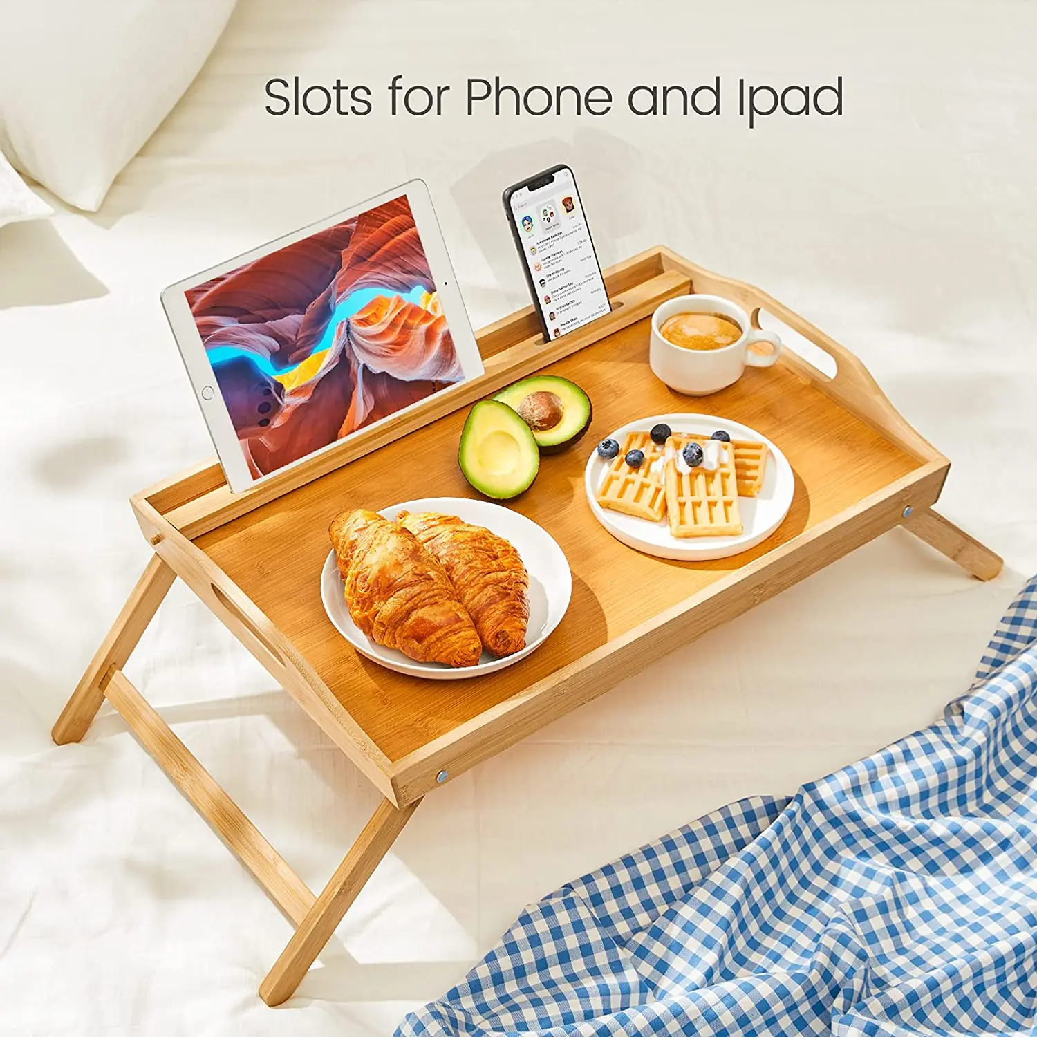 Multi-Functional Bamboo Bed Tray Table Bamboo Serving Tray with Folding Legs and Ipad Phone Slots