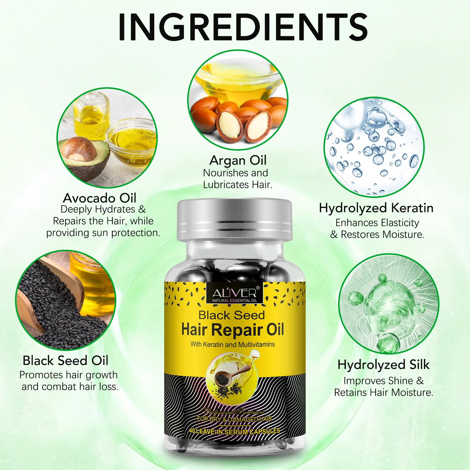 ALIVER Organic Black Seed Hair Repair Oil Leave-in Serum Capsules For Frizzy Dry Damaged Hair With Keratin Multivitamins