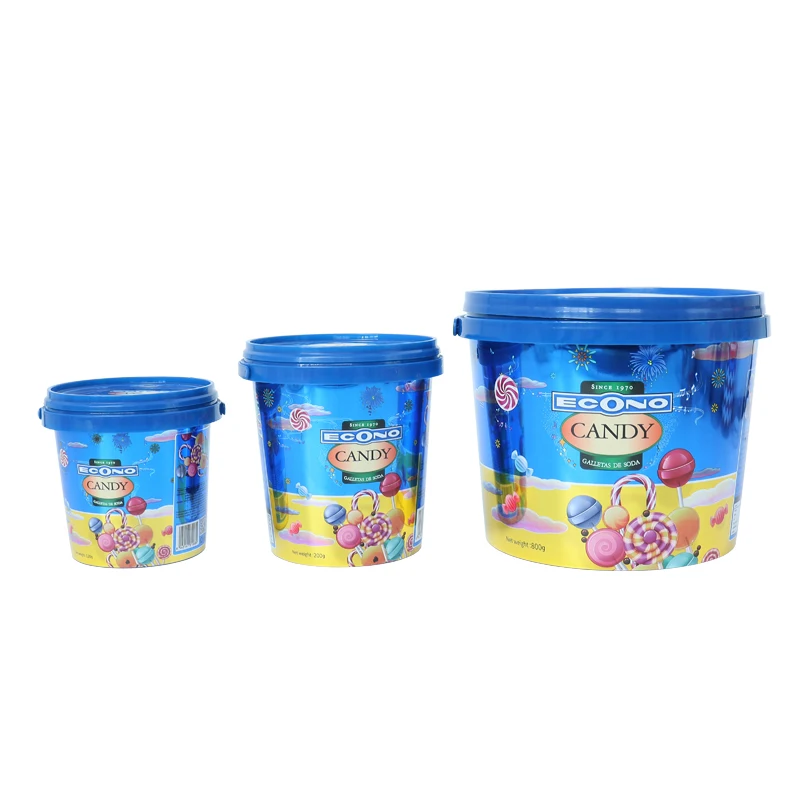 Custom round Plastic Bucket with Lid and Handle Printed Logo in Color for Candy Food Packaging for Paint and Oil Usage