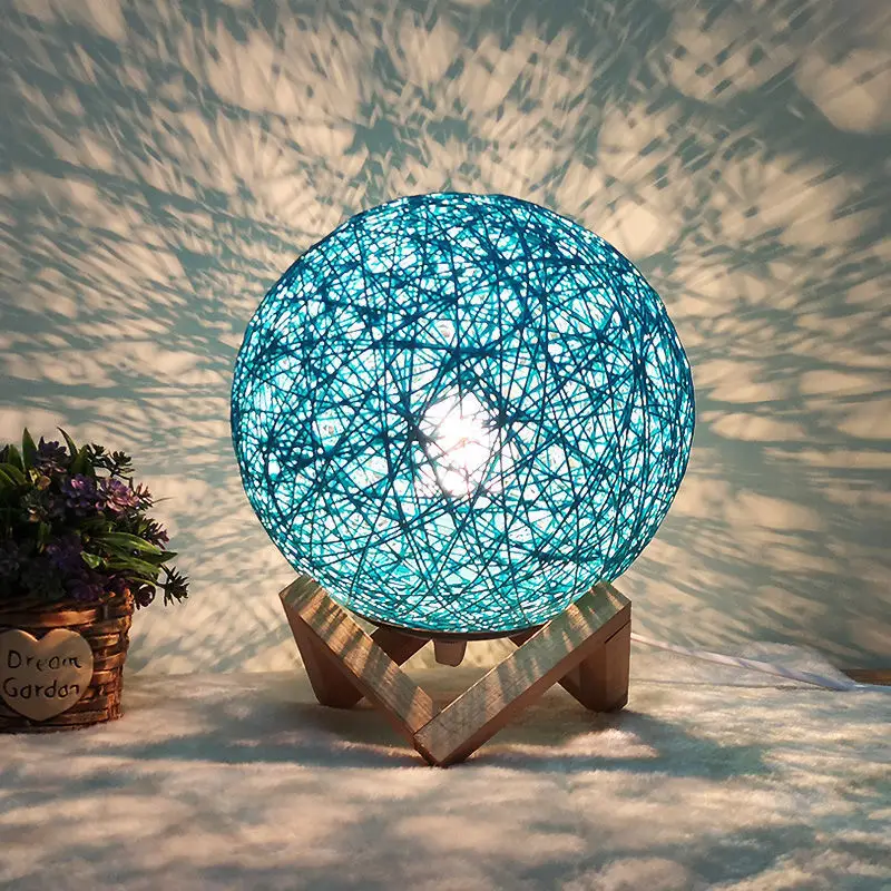Modern Bedside LED Night Light Ball Rattan Lampshade Table Moon Lamp Empire Wood & Rattan Electric Living Room White 220V 60 90