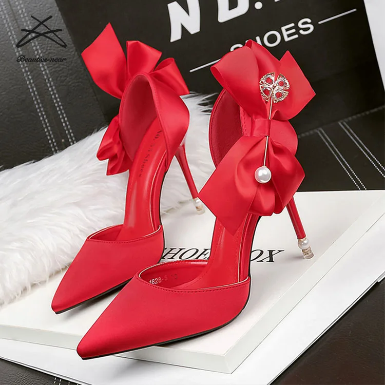 RTS Luxury fashion women party wedding bride dress shoes butterfly knot pearl satin thin heel lady woman heel shoes