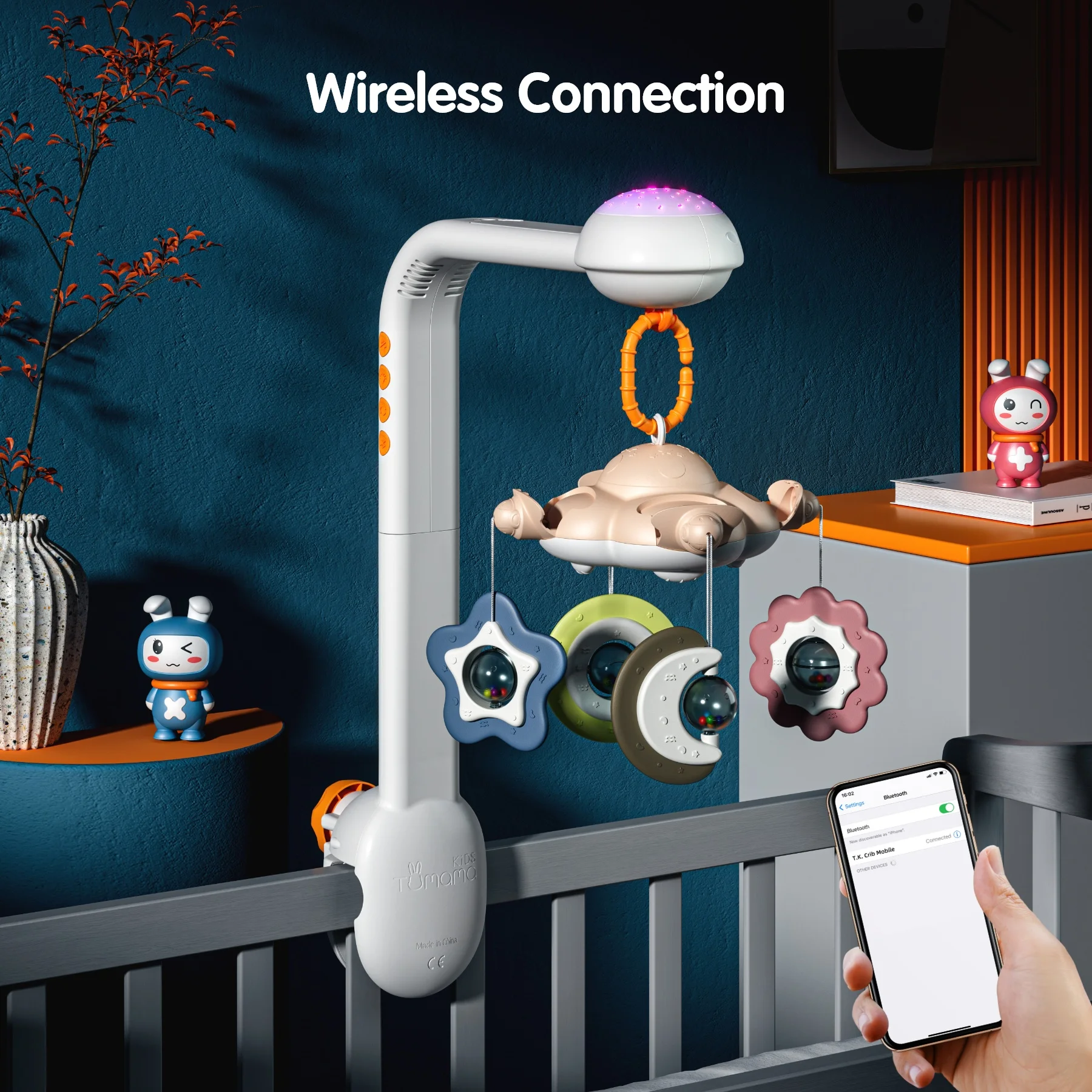 Tumama Kids Musical Crib Mobile Bluetooth Control Projection Baby Bed Bell Rotating Stuffed Hanging Rattle Toys