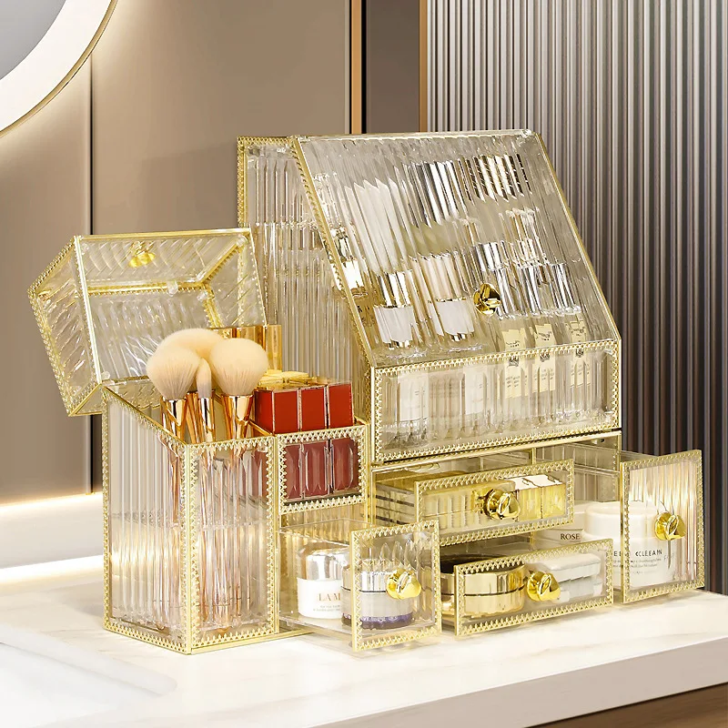 Luxury Transparent Acrylic Makeup Organizer Dust-proof Lipstick Holder Jewelry Make up Case Desktop Cosmetic Storage Box Set
