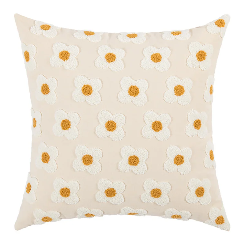 Home Decor Thick Cotton Canvas Square Loop Embroidered 4 Petal Floral Cushion Cover