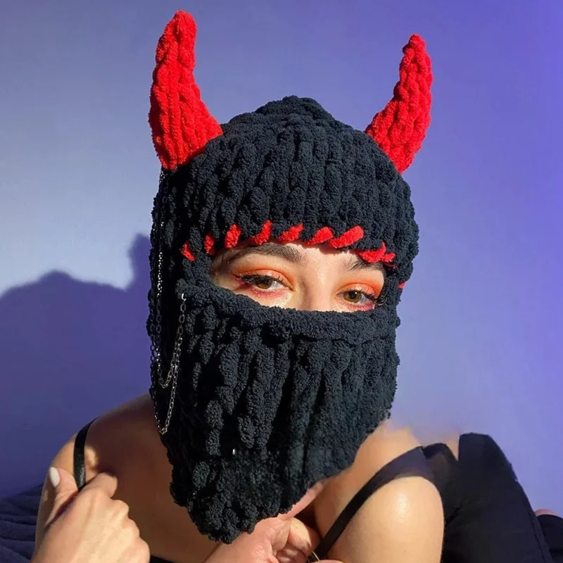 Autumn Winter Warm Plain Facemasks Beanie Custom Logo Devil Horns 1-Hole Ski Balaclava Motorcycle Woolen Blank Knitted Balaclava