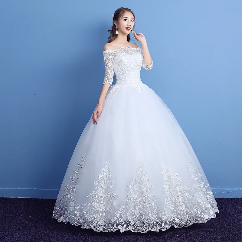 XMN  Wholesale Korea Style Luxury Lace Half Sleeve Off shoulder Bridal Wedding Dress/Gown with long train