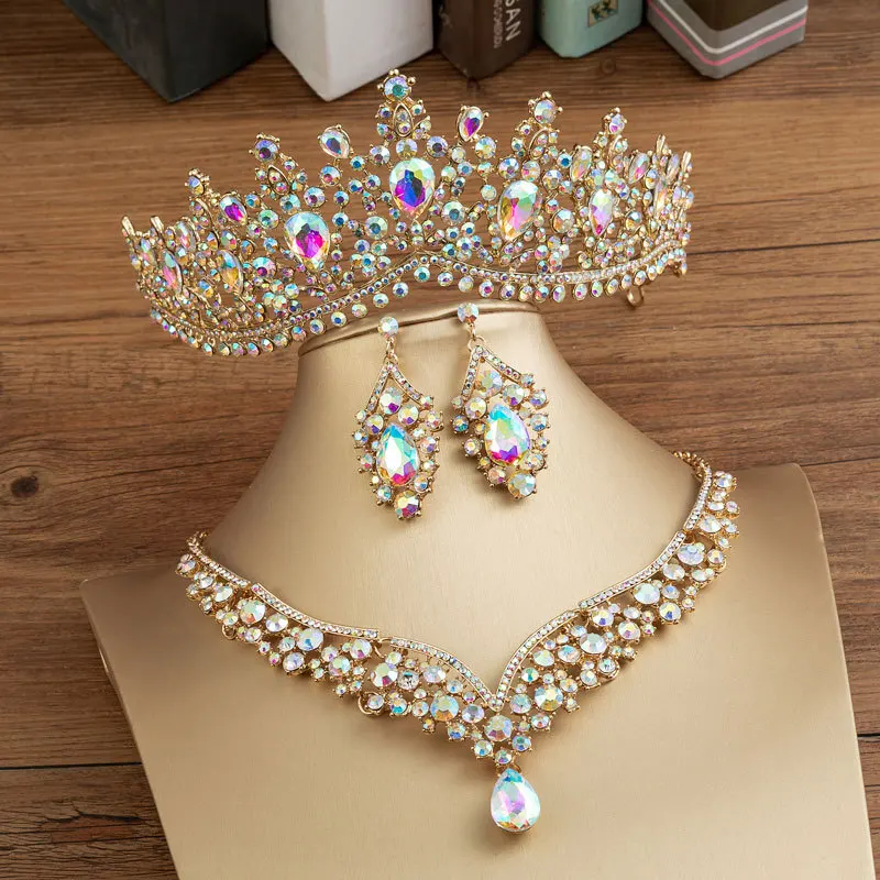 3 Set Qushine Luxury Rhinestone Bridal Jewelry Sets Crystal Crown Tiaras Necklace Earring Set For Bride Hair Accessory