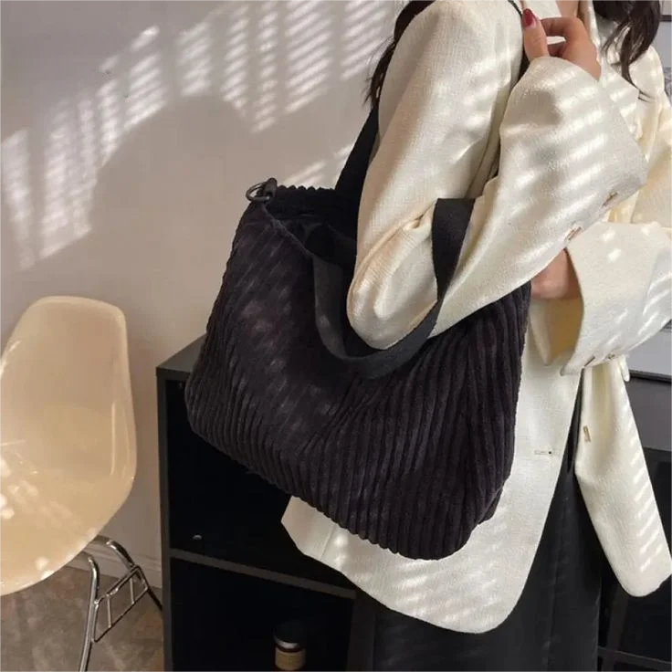 Solid Soft Large Capacity Corduroy Handbags for Women Winter Shoulder Side Bag Vintage Large Shopper Shopping Bags Zipper Totes