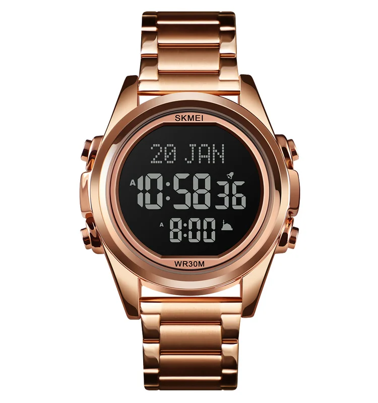 SKMEI 1667 Qibla Time LED Golden Stainless Steel Digital Watch Luxury Muslim Prayer Wristwatch For Men