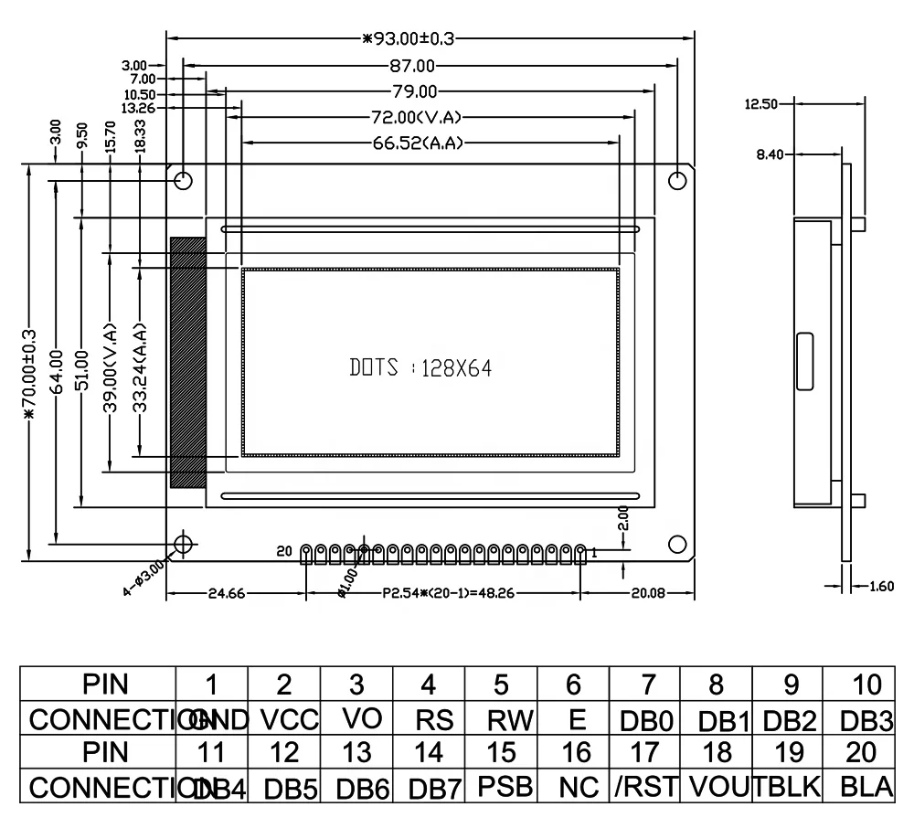 Hot Selling 12864 Monochrome LCD display ST7920 Controller 128X64 Matrix Graphic