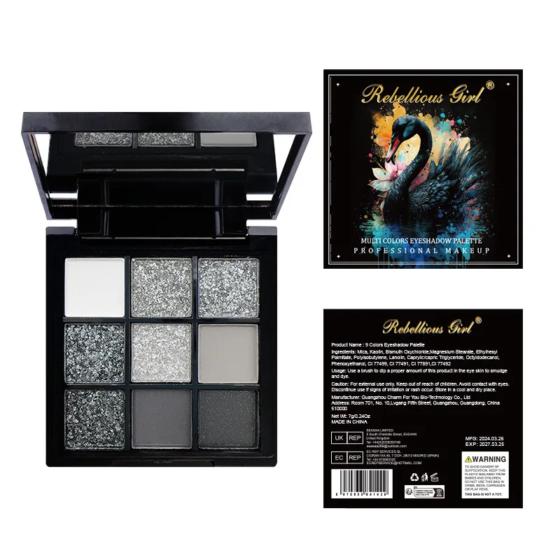 Black Swan 9 colors eyeshadow palette smoky makeup dark punk pearlescent matte metallic 9 colors eyeshadow