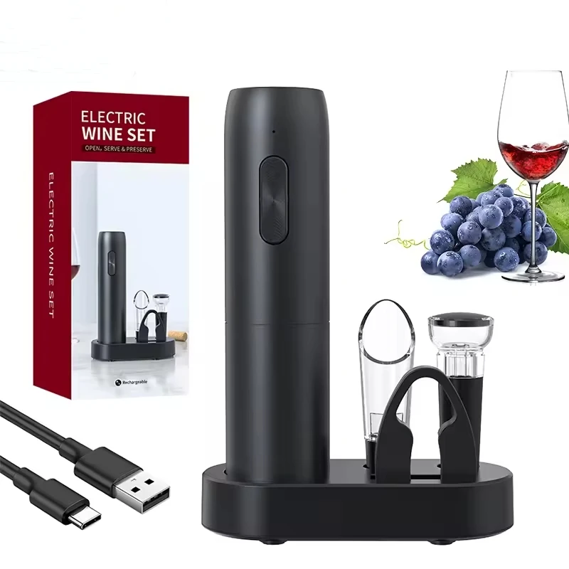 4in1 Rechargeable Automatic Electric Wine Bottle Opener Gift Set With Foil Cutter Wine Pourer Vacuum Stopper and Base