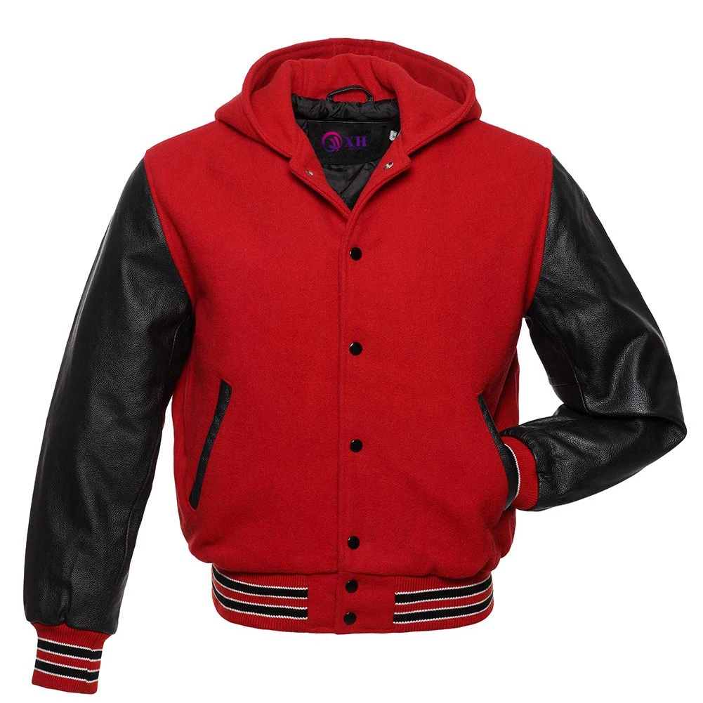 Leather sleeve Bomber Baseball Jacket Blank Plain College blue red Hoodies Jacket Varsity hood Jacket for Men
