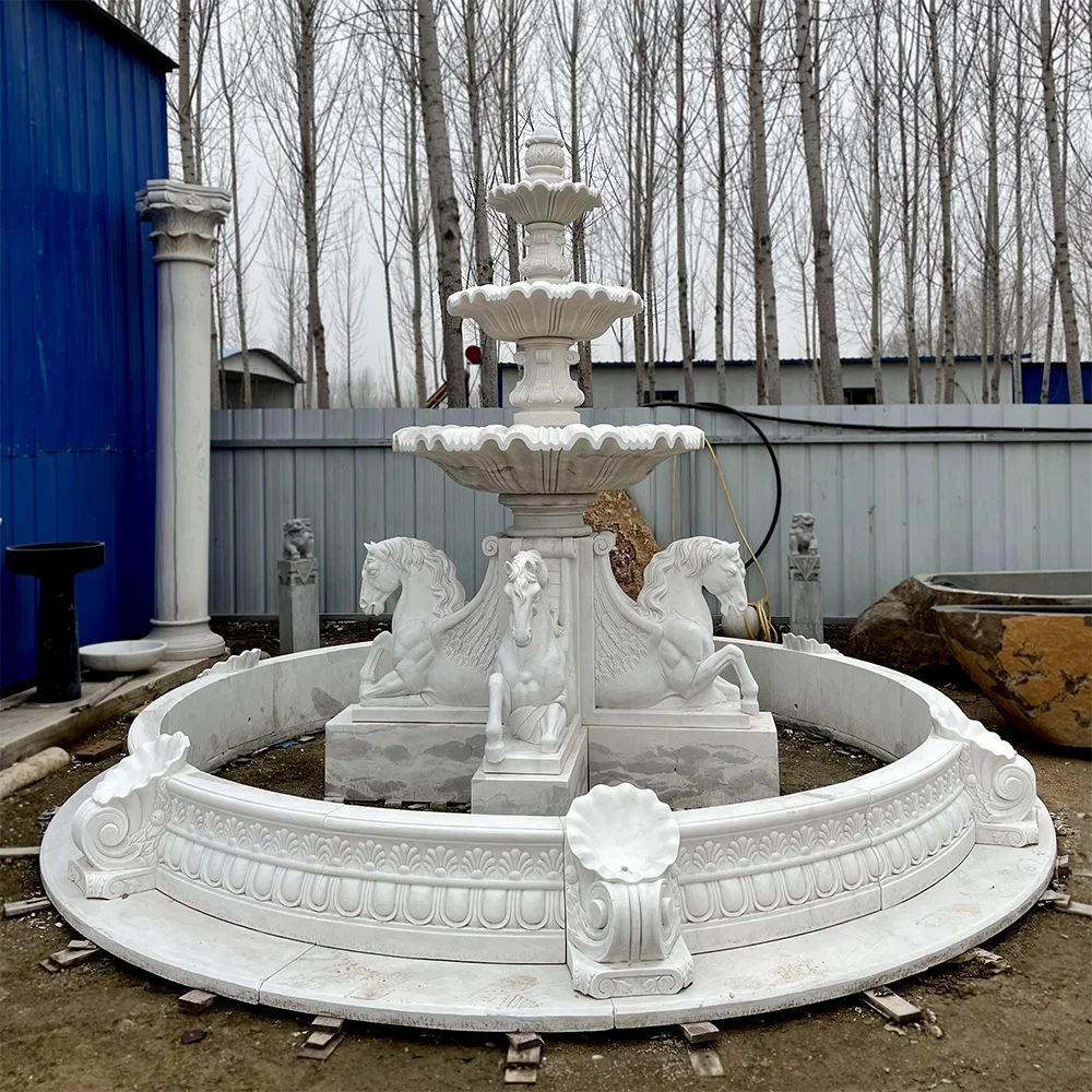 Современный уличный большой садовый мраморный водяной фонтан с лошадью из натурального камня
