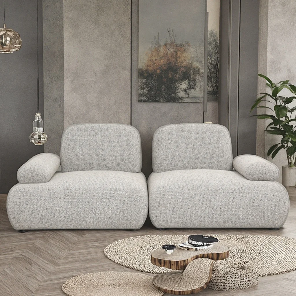 Nordic Modern Luxury Living Room Fabric Tufted Modular Sofa Set Indoor Furniture Villas L Shape Corner Curved Sectional Sofa