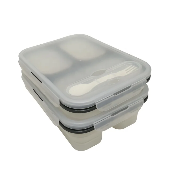 
Transparent Soft Material Silicone Bento Box Foldable Portable Three Compartments Lunch Box Microwave Heating 
