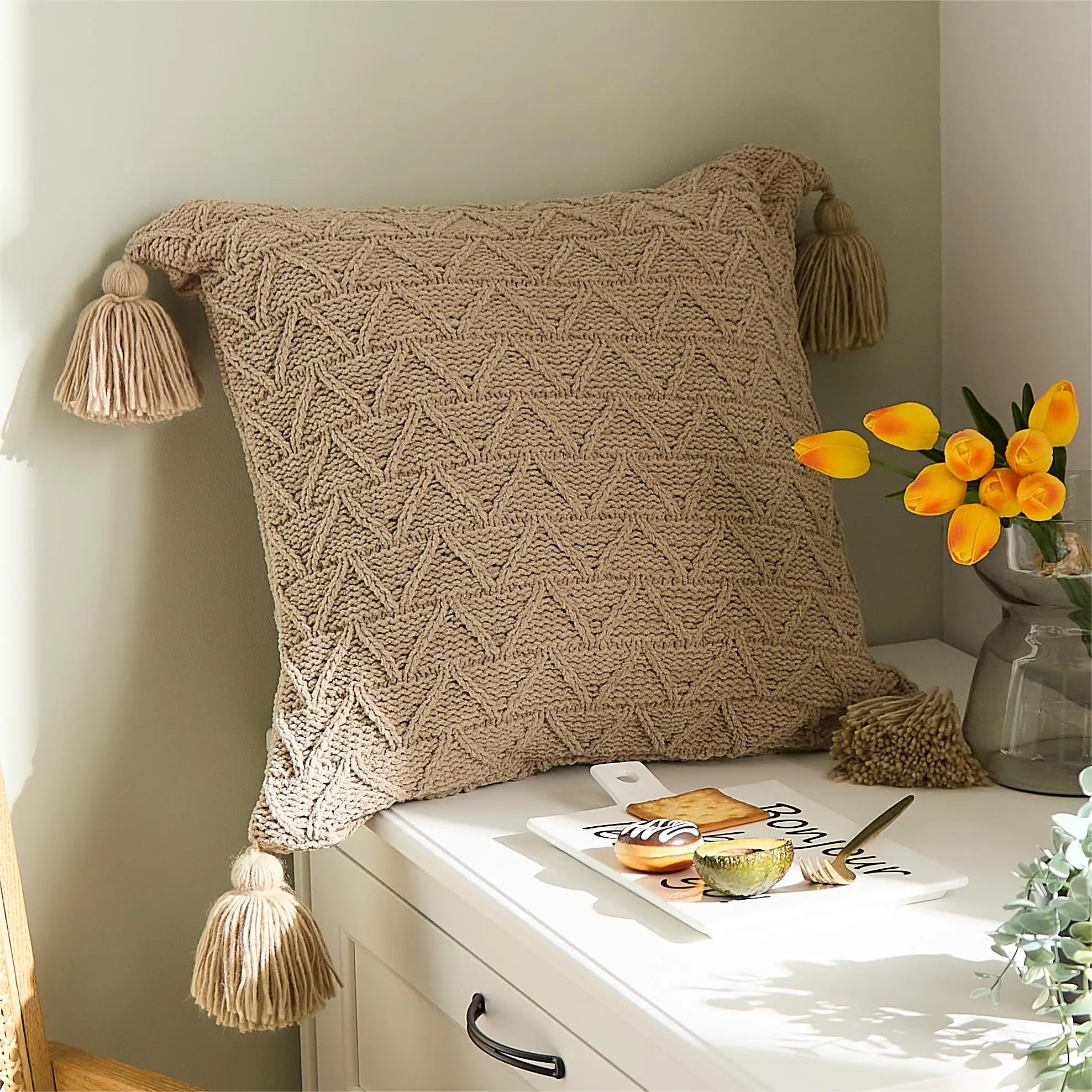 Luxury Chenille Soft Cozy Tassels Knitted Pillow Cover for home decoration