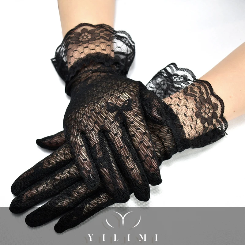 Летние женские черные кружевные модные короткие перчатки для вождения с полными пальцами перчатки с бантом для невесты для девочек