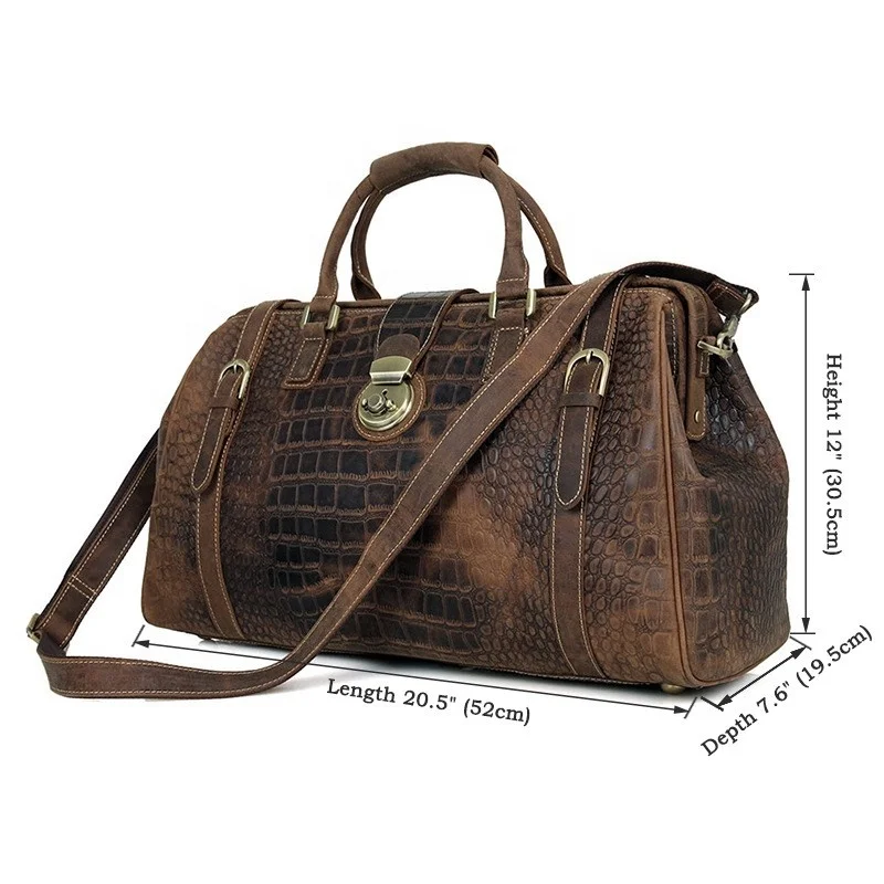 Dark Brown Men Gym Bag Crocodile Embossed Pattern Sport Genuine Leather Duffle Bag Weekender Woman Travel Bag