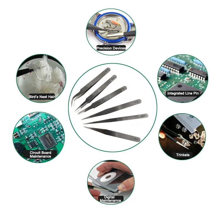 ST-12 ESD Antistatic Safe Silver Stainless Steel Precision Tweezers for Jewellery Watch Making Tools