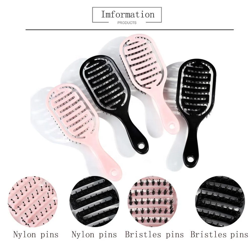 Private Label  Boar Bristle Curved Vented Styling Hair Brush Detangling Plastic Handle Salon Ribs Brush