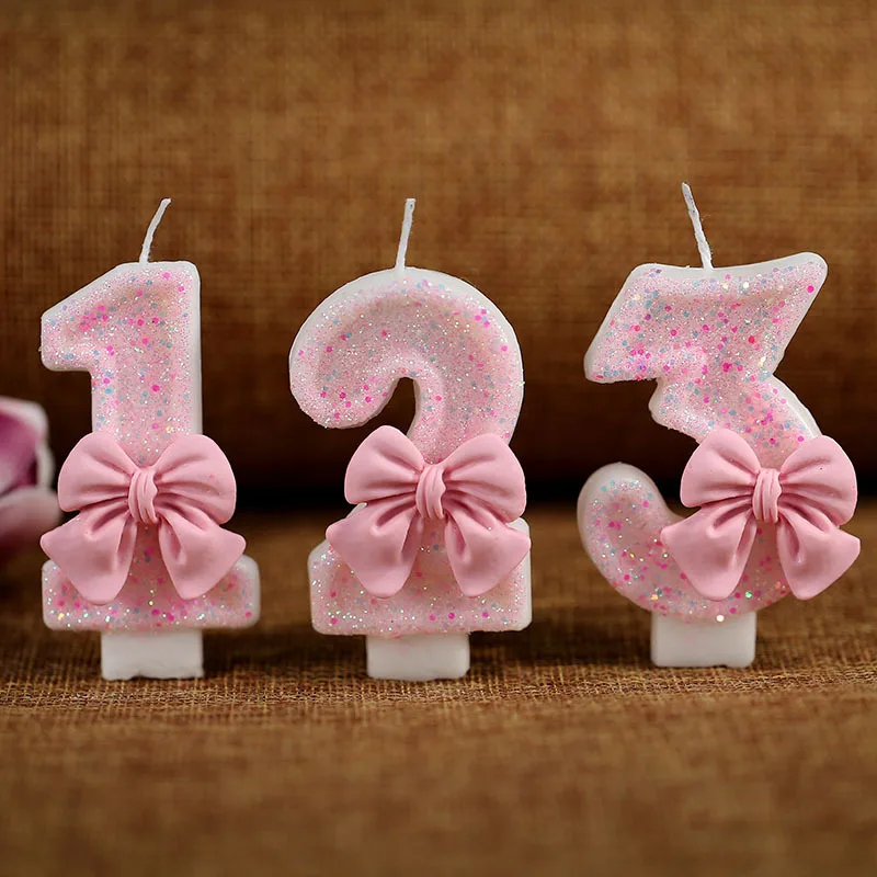 1 Pc Pink Bow Glitter Number Candle Birthday Cake Topper Decorations For Girls Number 1 Birthday Candle Picture