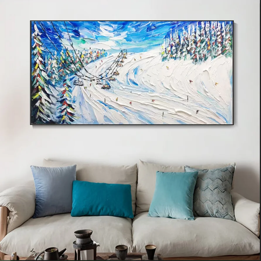 Modern Custom Made Hand Painted Original Winter Decor Wall Art Living Room Ski Texture Sport 3D Oil Painting On Canvas