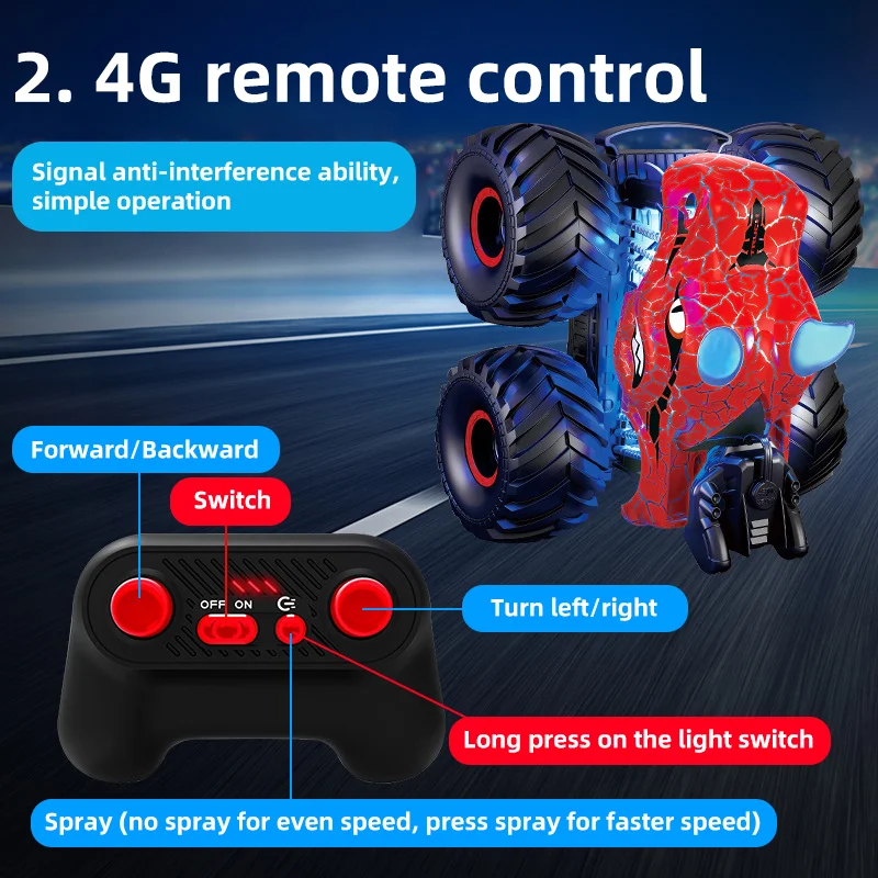 2.4G Hobby High Speed Off-Road Rc Car 360 Rotating Monster Truck Dinosaur Lighting Smoke Spray Car Toy Remote Control Stunt Car